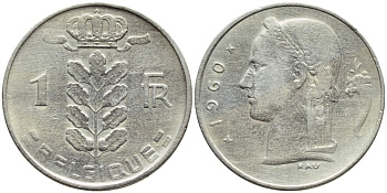 БЕЛЬГИЯ 1 ФРАНК 1960 BELGIQUE KM 142.1 медно-никель 4388-556