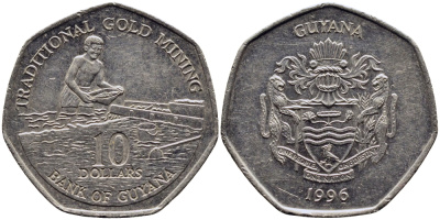 ГАЙАНА 10 ДОЛЛАРОВ 1996 ЗОЛОТОДОБЫТЧИК KM 52 сталь плакированная никелем 62-641