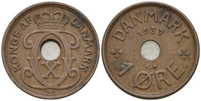 Дания 1 эре 1937 Кристиан X (1912-1947) KM 826 бронза 4147-434