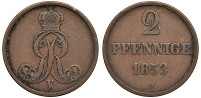 Брауншвейг-Каленберг-Ганновер 2 пфеннига 1853 B, Георг V (1851-1866) KM 217,aKS 152, J. 84 медь 4142-242