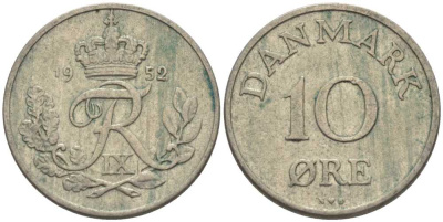 ДАНИЯ 10 ЭРЕ 1952 N; S, ФРЕДЕРИК IX (1947-1972) KM 841.1 медно-никель 4383-1111