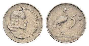 ЮАР 5 центов 1965 Ян ван Рибек (1619-1677), Suid Africa, легенда на африкаанс, райский журавль KM 67.2 никель 4687-122