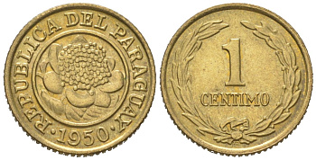 Парагвай 1 сентимо 1950 KM 20 алюминиевая бронза aUNC 4585-629