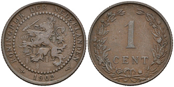 Нидерланды 1 цент 1902 Вильгельмина (1890-1948) KM 132 бронза 4576-653