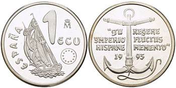 Испания 1 экю 1995 Марина-Эспаньола, в оригинальной деревянной коробке, с сертификатом  серебро  PROOF  4-3-1-09