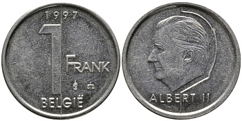 БЕЛЬГИЯ 1 ФРАНК 1997 BELGIE, АЛЬБЕРТ II (1993-) KM 188 железо плакированное никелем 99-1252