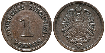 Германия 1 пфенниг 1874 B, Вильгельм I (1871-1888) KM 1, J. 1, Weege 1 медь 100-1254