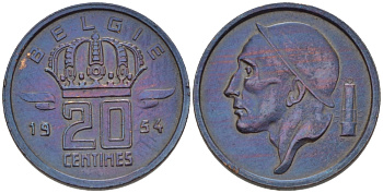 БЕЛЬГИЯ 20 САНТИМОВ 1954 BELGIE KM 147.1 бронза 66-439