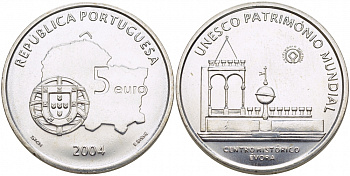 ПОРТУГАЛИЯ 5 ЕВРО 2004 ЮНЕСКО, ИСТОРИЧЕСКИЙ ЦЕНТР ЭВОРА KM 755 серебро UNC 3896-1124