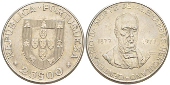 Португалия 25 эскудо 1977 100 лет со дня смерти Александро Геркулано KM 608 медно-никель 4521-1244