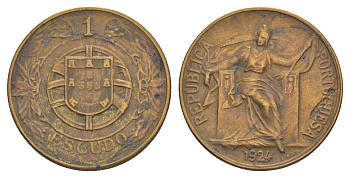 Португалия 1 эскудо 1924 KM 576 алюминиевая бронза 4127-911