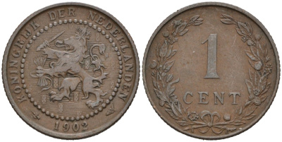Нидерланды 1 цент 1902 Вильгельмина (1890-1948) KM 132 бронза 4576-653