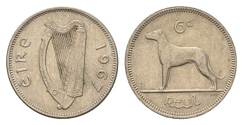 Ирландия 6 пенсов 1967 собака, ирландский волкодав KM 13a медно-никель 4690-343