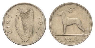 Ирландия 6 пенсов 1967 собака, ирландский волкодав KM 13a медно-никель 4690-343