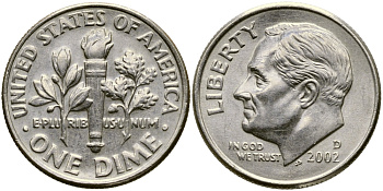 США 10 ЦЕНТОВ = 1 ДАЙМ 2002 D, РУЗВЕЛЬТ KM 195а медь плакированная медно-никелем 46-964