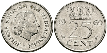 Нидерланды 25 центов 1969 Юлиана (1948-1980) KM 183 никель 96-219