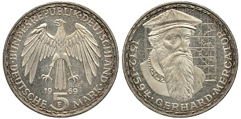 ФРГ 5 марок 1969 F, 375 лет со дня смерти Герарда Меркатора J. 400, KM 126.1 серебро 413-3223