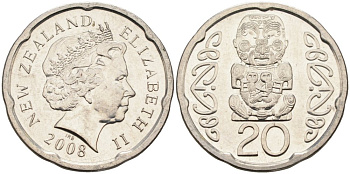 Новая Зеландия 20 центов 2008 Елизавета II (1952-2022), идол Пукаки KM 118а никелированная сталь 4579-1236