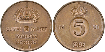 Швеция 5 эре 1961 Густав VI Адольф (1950-1973) KM 822 бронза 4526-1146
