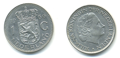 Нидерланды 1 гульден 1969 Юлиана (1948-1980) KM 184a никель 84-742