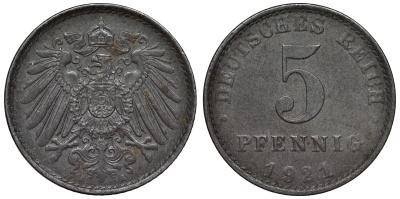 Германия 5 пфеннигов 1921 A KM 19, J. 297, Weege 5 железо 4118-1057