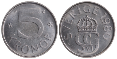 Швеция 5 крон 1980 U Карл XVI Густав (1973- ) KM 853 медно-никель UNC 84-1445