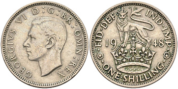 Великобритания 1 шиллинг 1948 Георг VI (1936-1952), Английский герб KM 863, Spink 4103 медно-никель 4116-831