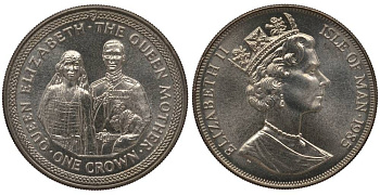 Остров Мэн 1 крона 1985 королева Елизавета (королева-мать), Елизавета и Георг V, свадебный портрет KM 218 медно-никель UNC 1078-1-41