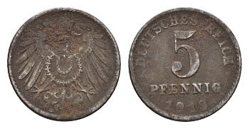 Германия 5 пфеннигов 1918 D KM 19, J. 397 железо плакированная цинком 177-1157
