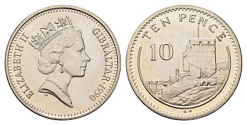 Гибралтар 10 пенсов 1990 KM 23.1 медно-никель UNC 4666-323