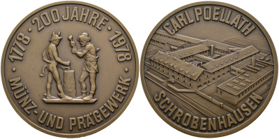 Германия медаль 1978 CARL POELLATH SCHROBENHAUSEN, 200 лет чеканке и вышивке (1778-1978), диаметр 60 мм. бронза 1085-4-31