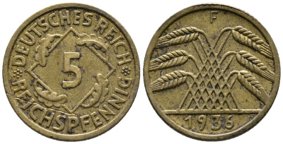 ГЕРМАНИЯ 5 РЕЙХСПФЕННИГОВ 1936 F KM 39, J. 316 алюминиевая бронза 39-622