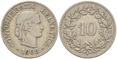 ШВЕЙЦАРИЯ 10 РАППЕНОВ 1908 В KM 27 медно-никель 206-1216