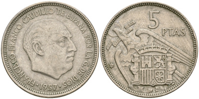ИСПАНИЯ 5 ПЕСЕТ 1957 (64) ФРАНСИСКО ФРАНКО ДИКТАТОР ИСПАНИИ (1939-1975) KM 786 медно-никель 4364-3426