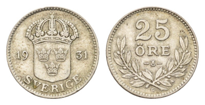 Швеция 25 эре 1931 Густав V (1907-1950) KM 785 серебро 4124-836
