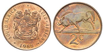 ЮАР 2 цента 1988 герб, антилопа гну KM 83 бронза UNC 4695-1054