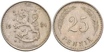 ФИНЛЯНДИЯ 25 ПЕННИ 1934 S KM 25 медно-никель 192-1155