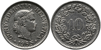 Швейцария 10 раппенов 1965 В KM 27 медно-никель 33-246