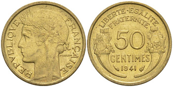 ФРАНЦИЯ 50 САНТИМОВ 1941 ТИП MORLON KM 894.1, LE FRANC 192.18 алюминиевая бронза 44-436