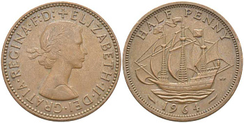 Великобритания 1/2 пенни 1964 Елизавета II (1952-2022) KM 896, Spink 4158 бронза 113-243