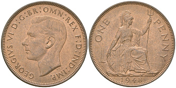 Великобритания 1 пенни 1948 Георг VI (1936-1952) KM 845, Spink 4114 бронза    82-841