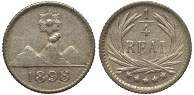 Гватемала 1/4 реала 1898 5 звезд, Испанское правление KM 162 серебро 4532-1214