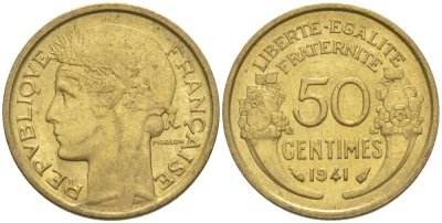 ФРАНЦИЯ 50 САНТИМОВ 1941 ТИП MORLON KM 894.1, LE FRANC 192.18 алюминиевая бронза 44-436