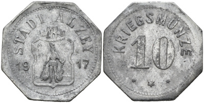 ГЕРМАНИЯ ГЕССЕН АЛЦЕЙ 10 ПФЕННИГОВ 1917 КРИГСМЮНЦЕ цинк 75-1555