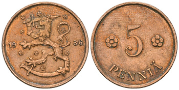 Финляндия 5 пенни 1936 KM 22 медь 4174-631