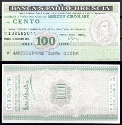 Италия 100 лир 1976 банковский чек - Banca S. Paolo-Brescia, ассоциация торговцев провинции Brescia бумага UNC (пресс) 8621-19-2-2