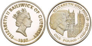 Гернси 1 фунт 1997 Елизавета и Филлип, золотая свадьба KM 70 серебро PROOF 02-117-31