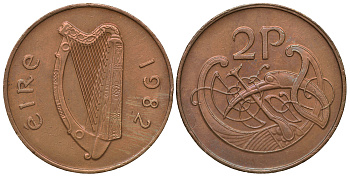 ИРЛАНДИЯ 2 ПЕНСА 1982 ВИНЬЕТКА В ВИДЕ СТИЛИЗОВАННОЙ ПТИЦЫ ИЗ ВТОРОЙ БИБЛИИ КАРЛА II ЛЫСОГО KM 21 бронза 4390-122