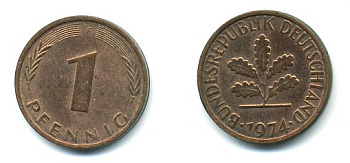 ФРГ 1 ПФЕННИГ 1974 F сталь плакированная медью 3999-1044
