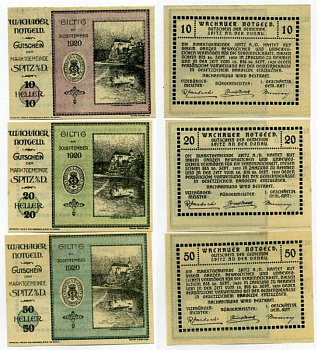 Австрия, Шпиц-ан-дер-Донау (Гилтиг) набор из 3 банкнот 10, 20, 50 геллеров 1920 30 сентября 1920, нотгельд, земля Нижняя Австрия   бумага  UNC (пресс) 7555-29-2-2